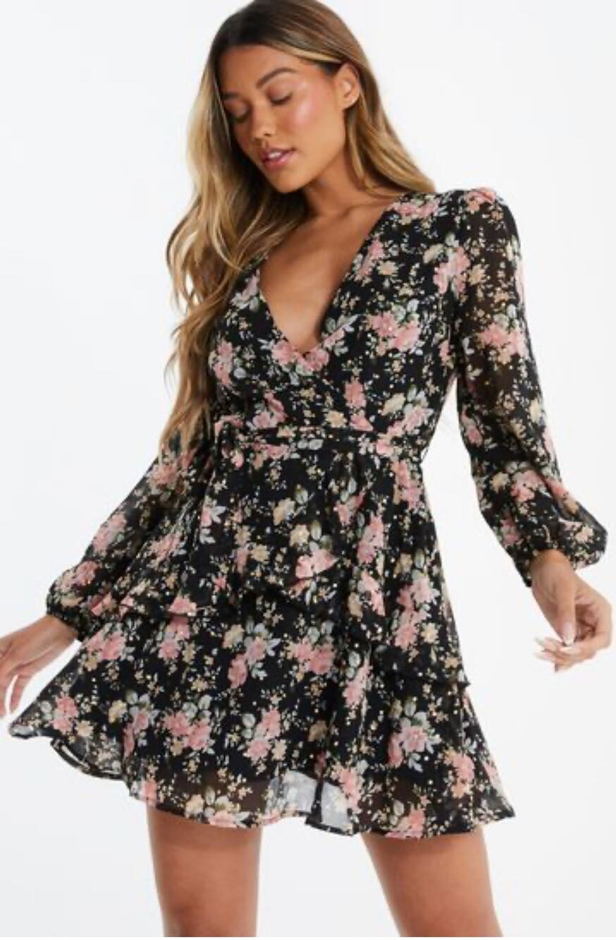 QUIZ Ruffle Mini Dress Black Floral Long Sleeve Tie Front Ruffle Hem New
